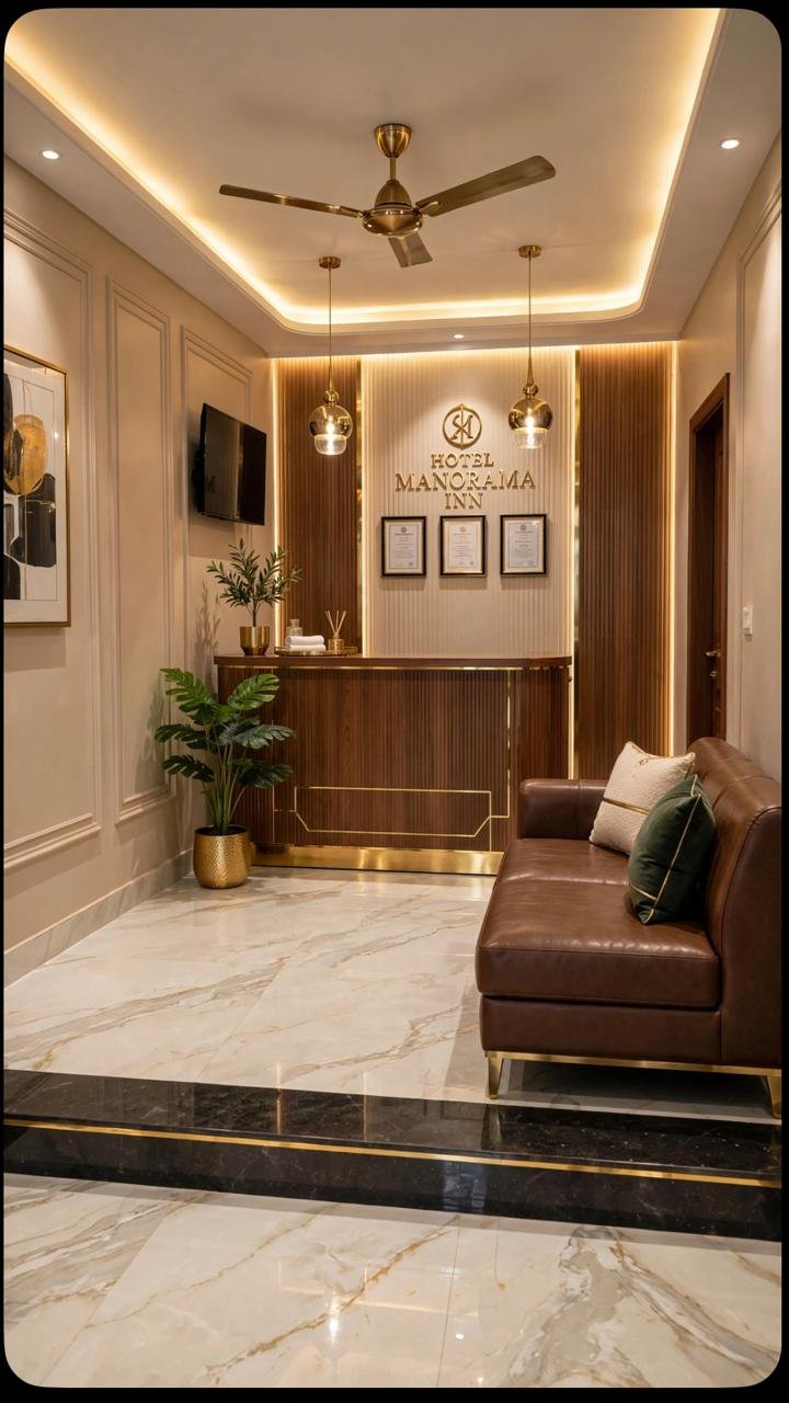 Reception at Hotel Manorama Inn, with the brass hotel sign, panelled walls and a leather bench