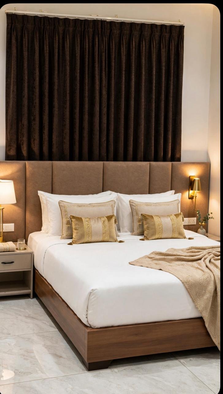 Deluxe king room with upholstered headboard and brass sconces
